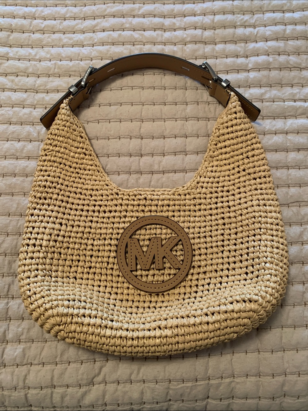 Michael Kors Beige Woven Shoulder Bag with MK Logo